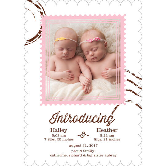 Pink Script Introducing Twins Photo Birth Announcements